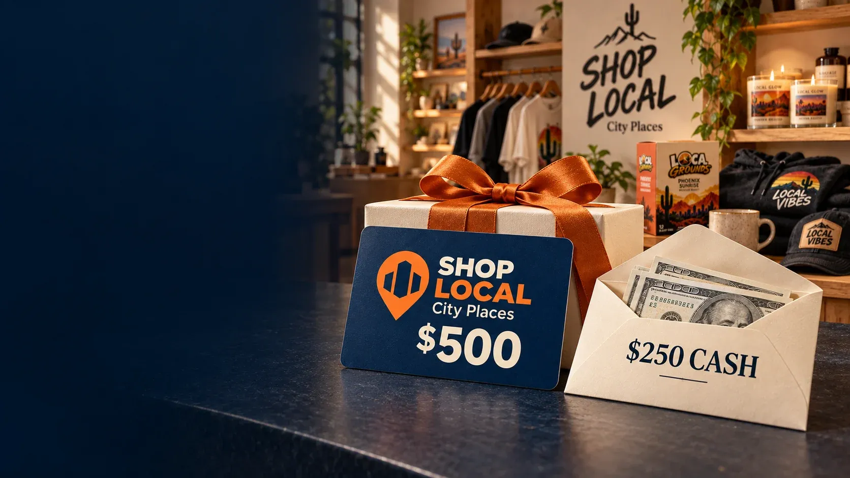 $1,000 SHOP LOCAL Iowa Places gift card and $500 cash envelope in front of a SHOP LOCAL store and product display.